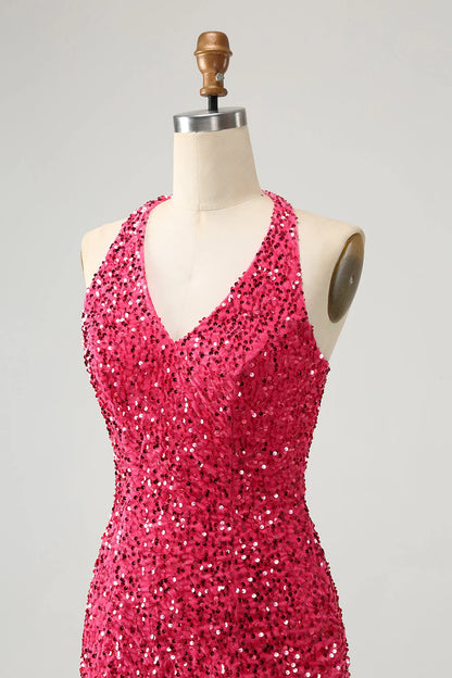 Amzcw Sparkly Fuchsia Bodycon Halter Sequin Short Homecoming Dress with Tassels