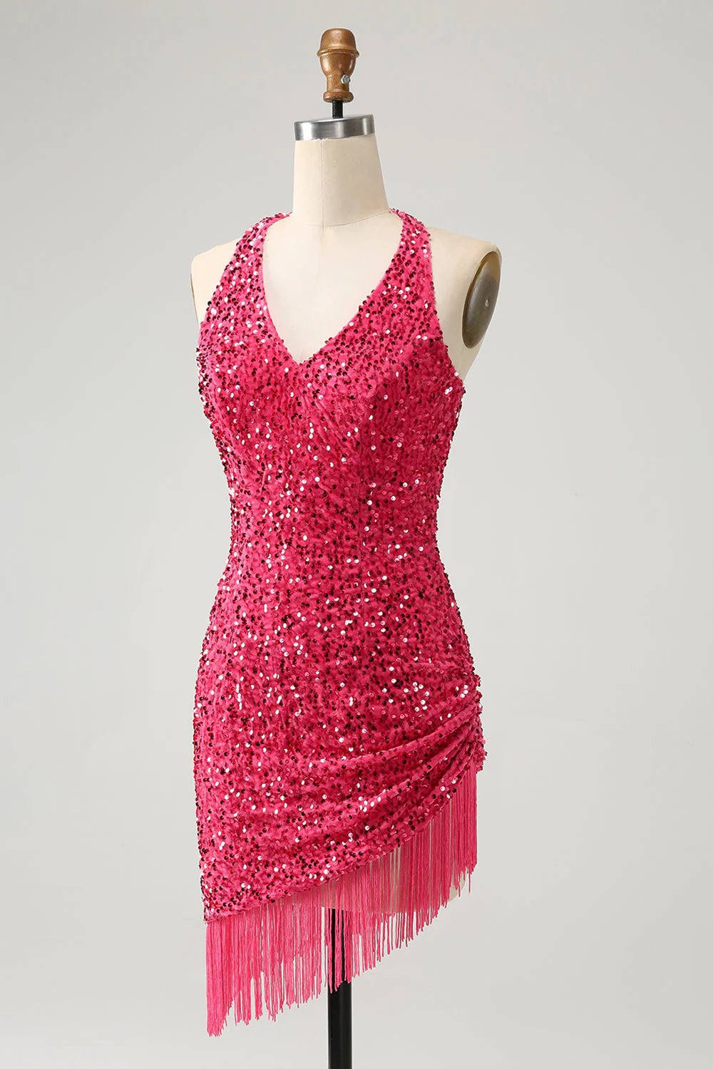 Amzcw Sparkly Fuchsia Bodycon Halter Sequin Short Homecoming Dress with Tassels