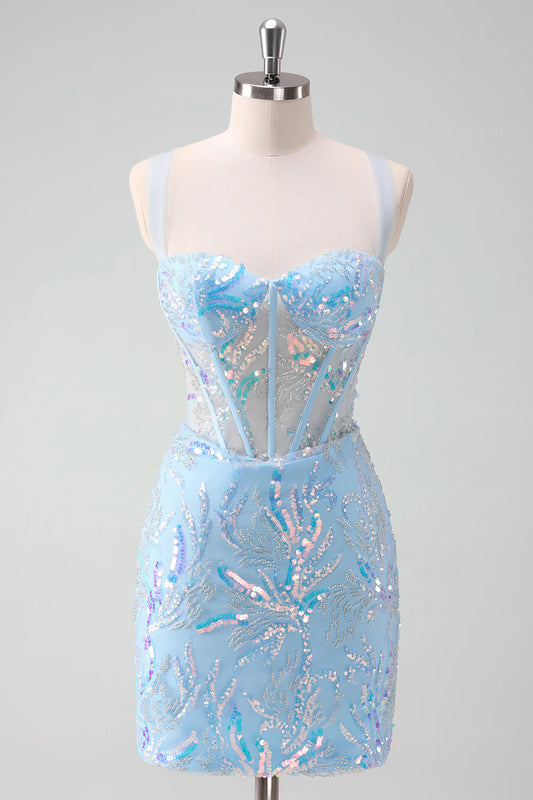 Amzcw Sparkly Light Blue Spaghetti Straps Lace Up Back Corset Tight Homecoming Dress with Sequins