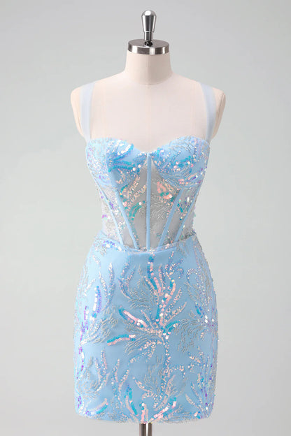 Amzcw Sparkly Light Blue Spaghetti Straps Lace Up Back Corset Tight Homecoming Dress with Sequins