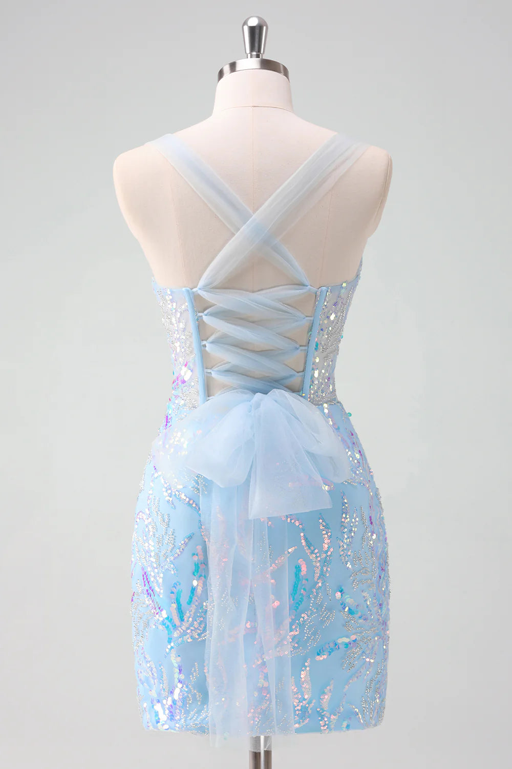 Amzcw Sparkly Light Blue Spaghetti Straps Lace Up Back Corset Tight Homecoming Dress with Sequins