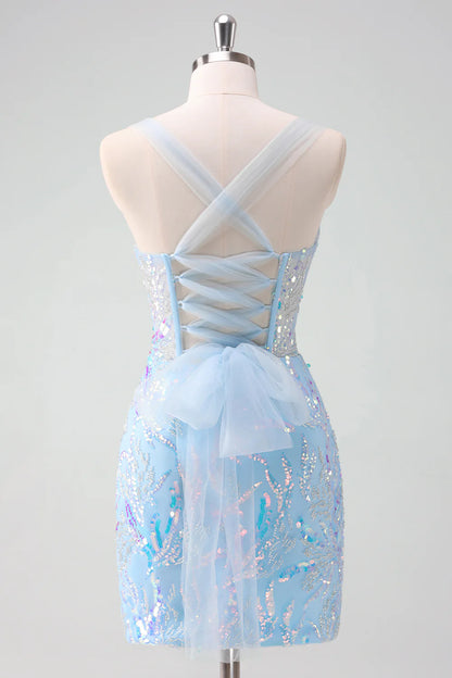 Amzcw Sparkly Light Blue Spaghetti Straps Lace Up Back Corset Tight Homecoming Dress with Sequins