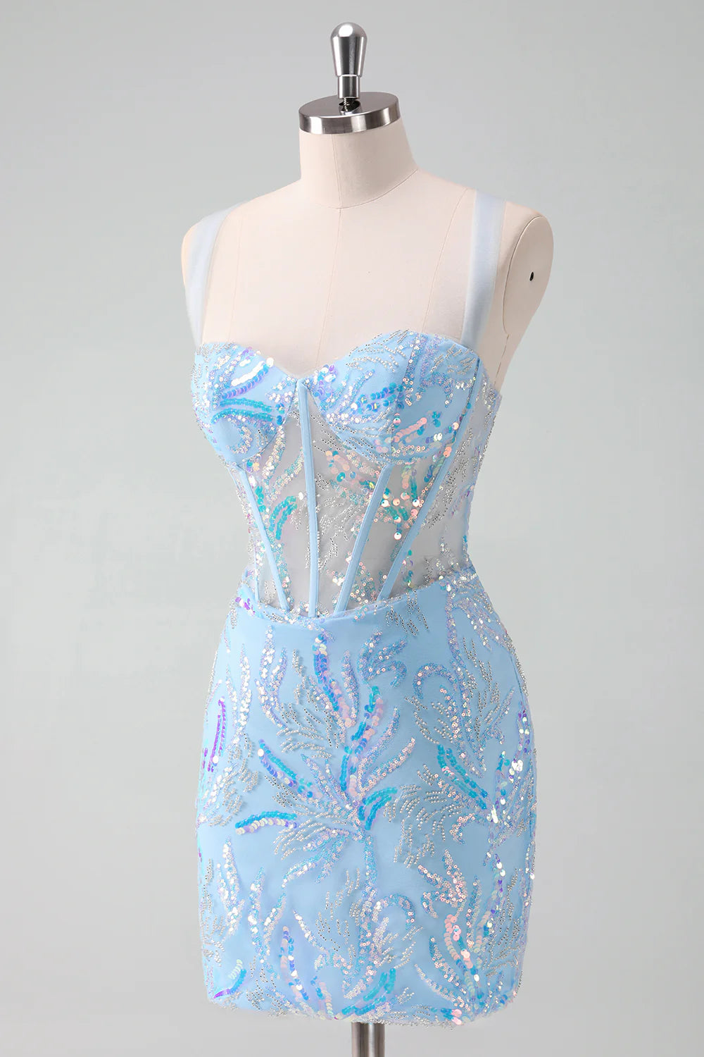 Amzcw Sparkly Light Blue Spaghetti Straps Lace Up Back Corset Tight Homecoming Dress with Sequins