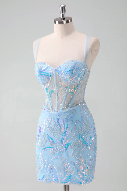 Amzcw Sparkly Light Blue Spaghetti Straps Lace Up Back Corset Tight Homecoming Dress with Sequins