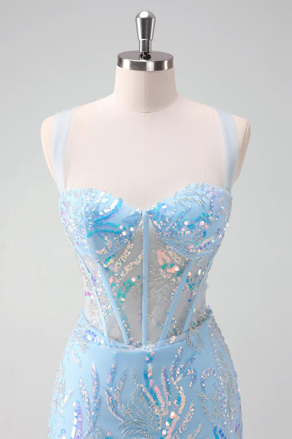 Amzcw Sparkly Light Blue Spaghetti Straps Lace Up Back Corset Tight Homecoming Dress with Sequins