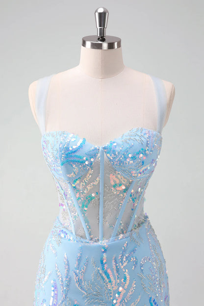 Amzcw Sparkly Light Blue Spaghetti Straps Lace Up Back Corset Tight Homecoming Dress with Sequins
