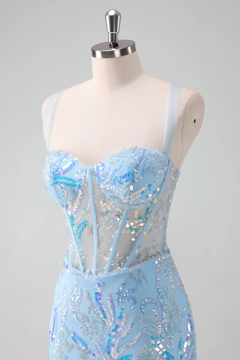 Amzcw Sparkly Light Blue Spaghetti Straps Lace Up Back Corset Tight Homecoming Dress with Sequins