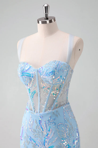 Amzcw Sparkly Light Blue Spaghetti Straps Lace Up Back Corset Tight Homecoming Dress with Sequins