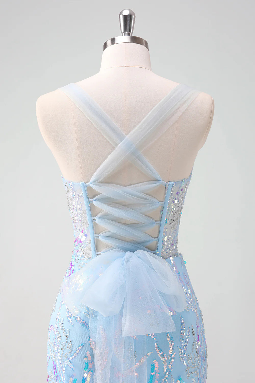 Amzcw Sparkly Light Blue Spaghetti Straps Lace Up Back Corset Tight Homecoming Dress with Sequins