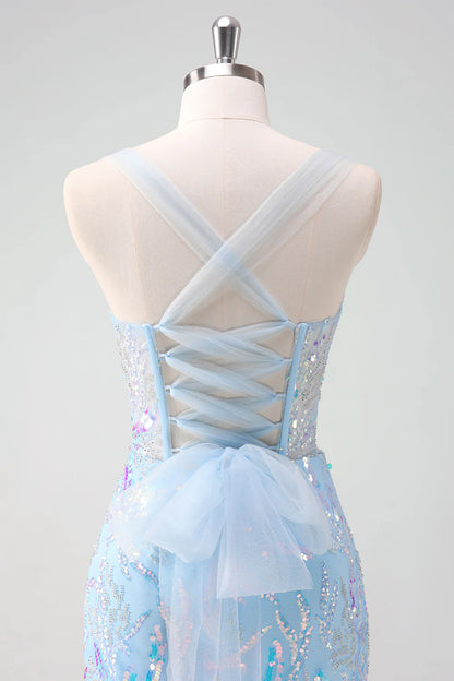 Amzcw Sparkly Light Blue Spaghetti Straps Lace Up Back Corset Tight Homecoming Dress with Sequins