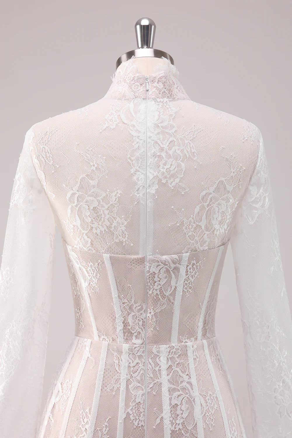 Amzcw White Lace A Line High Neck Corset Short Homecoming Dress with Long Sleeves