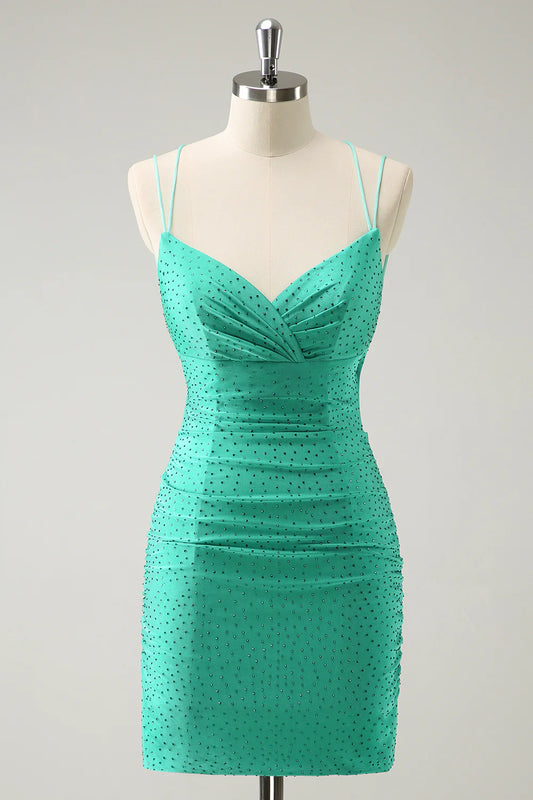 Amzcw Sparkly Green Spaghetti Straps Sequins Corset Tight Homecoming Dress with Beading