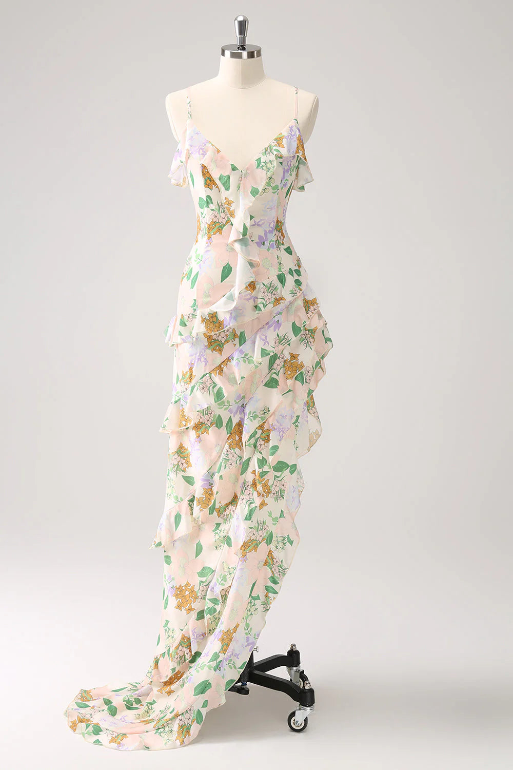 Amzcw White Mixed Flower Asymmetrical Wedding Guest Dress with Ruffle