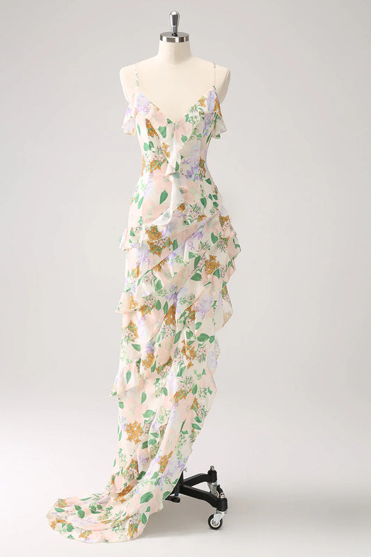 Amzcw White Mixed Flower Asymmetrical Wedding Guest Dress with Ruffle