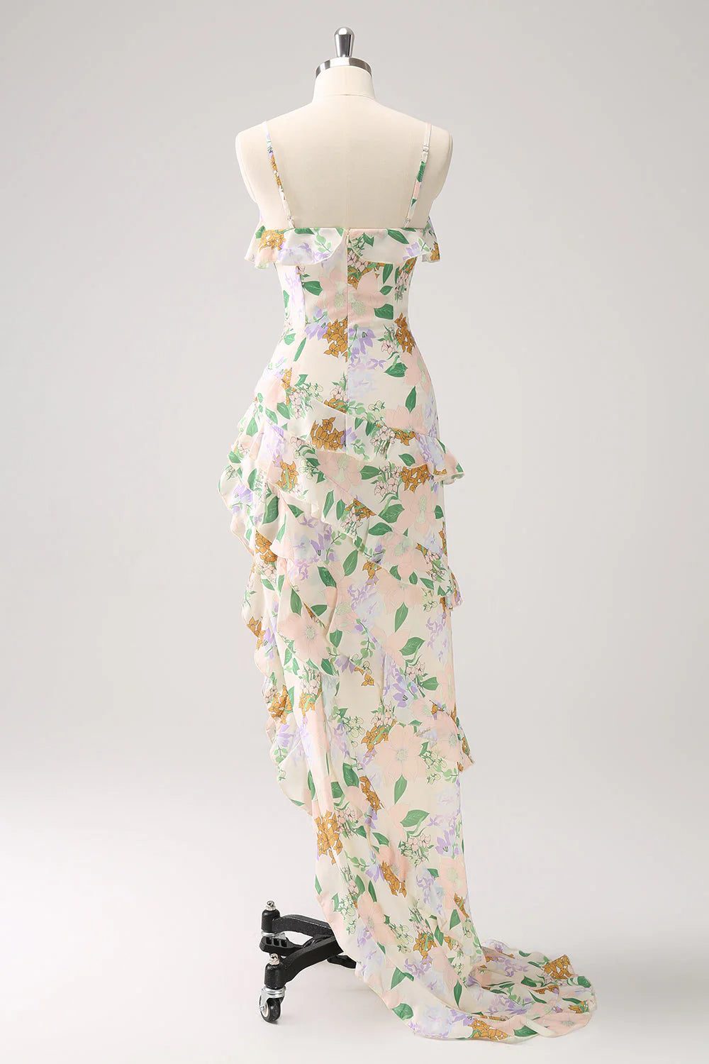 Amzcw White Mixed Flower Asymmetrical Wedding Guest Dress with Ruffle