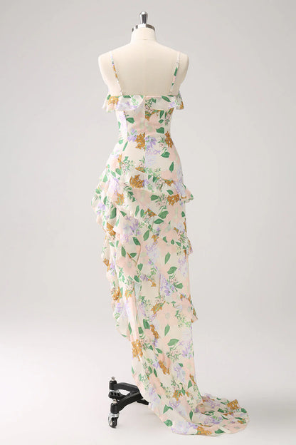 Amzcw White Mixed Flower Asymmetrical Wedding Guest Dress with Ruffle