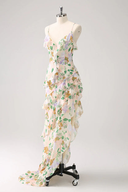 Amzcw White Mixed Flower Asymmetrical Wedding Guest Dress with Ruffle