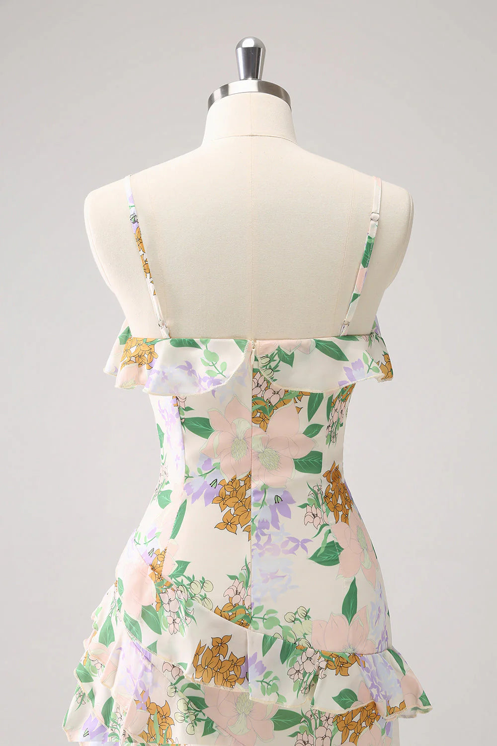 Amzcw White Mixed Flower Asymmetrical Wedding Guest Dress with Ruffle