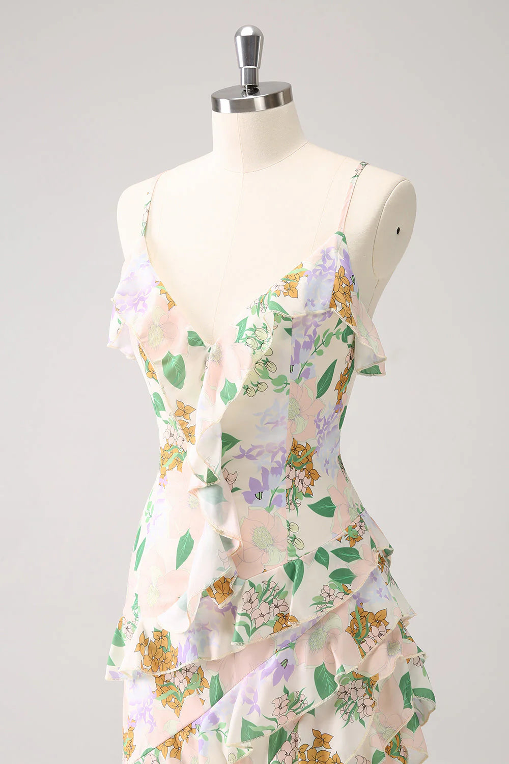 Amzcw White Mixed Flower Asymmetrical Wedding Guest Dress with Ruffle