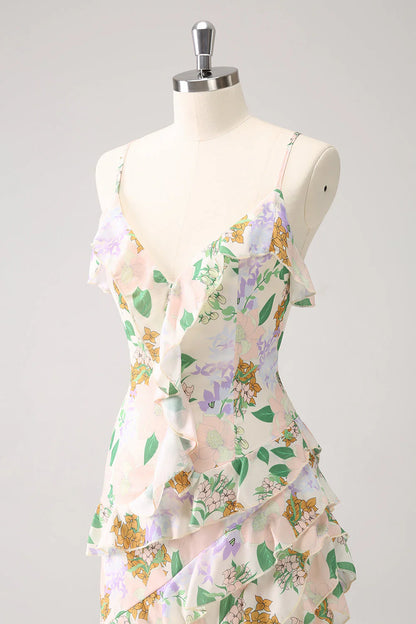 Amzcw White Mixed Flower Asymmetrical Wedding Guest Dress with Ruffle