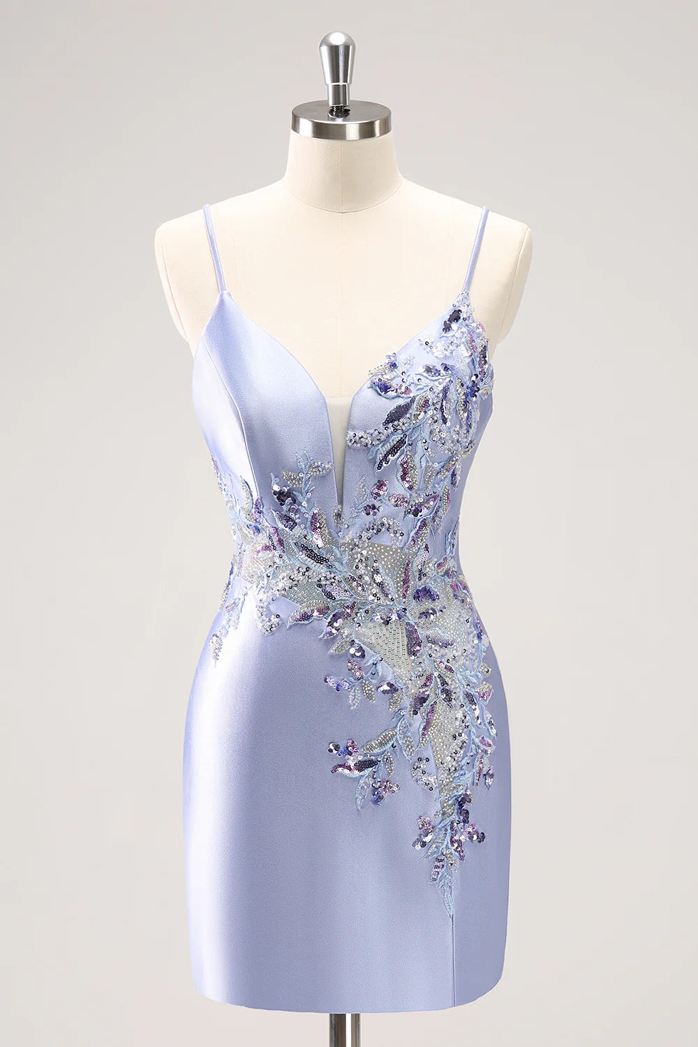 Amzcw Sparkly Blue Spaghetti Straps Corset Sequin Tight Homecoming Dress with Beading
