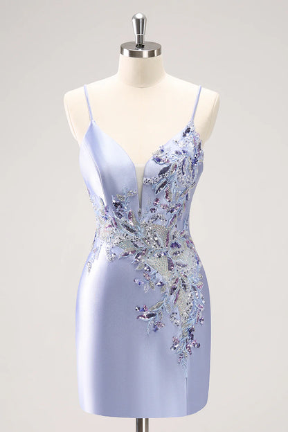 Amzcw Sparkly Blue Spaghetti Straps Corset Sequin Tight Homecoming Dress with Beading