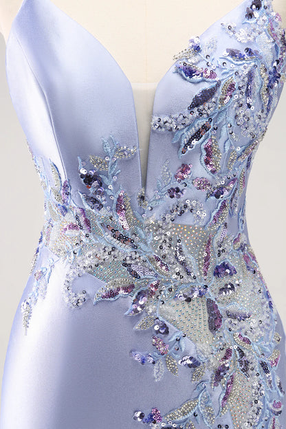 Amzcw Sparkly Blue Spaghetti Straps Corset Sequin Tight Homecoming Dress with Beading