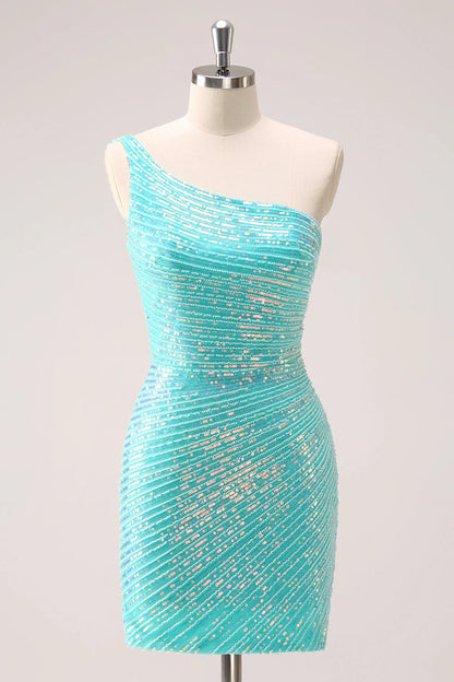 Amzcw Sparkly Mint One Shoulder Tight Short Homecoming Dress with Sequins