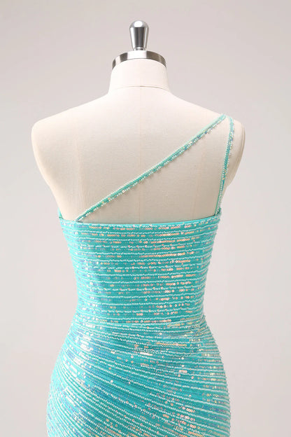 Amzcw Sparkly Mint One Shoulder Tight Short Homecoming Dress with Sequins