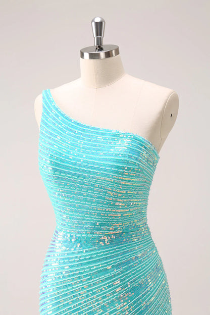 Amzcw Sparkly Mint One Shoulder Tight Short Homecoming Dress with Sequins