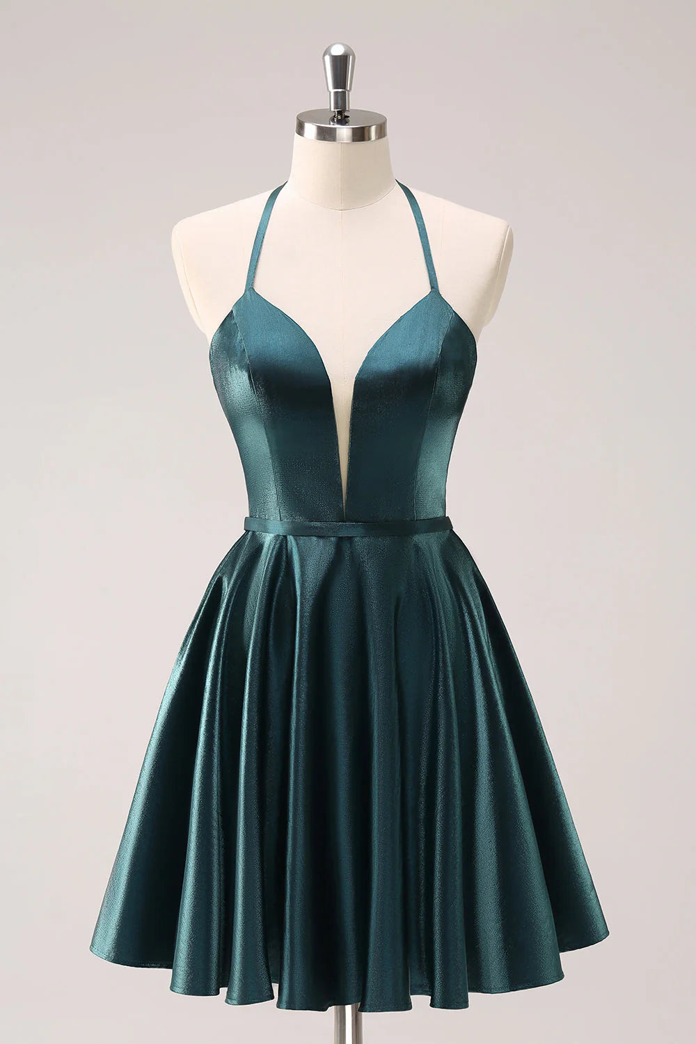 Amzcw Peacock Blue A-Line Halter Short Metallic Homecoming Dress with Lace Up Back