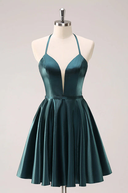 Amzcw Peacock Blue A-Line Halter Short Metallic Homecoming Dress with Lace Up Back