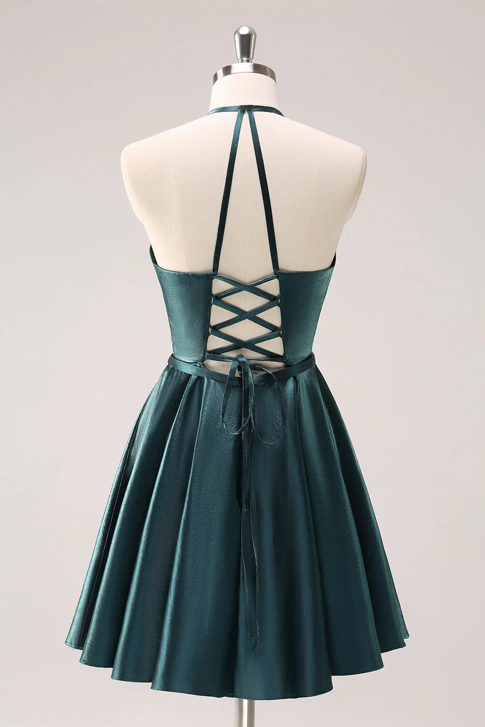 Amzcw Peacock Blue A-Line Halter Short Metallic Homecoming Dress with Lace Up Back