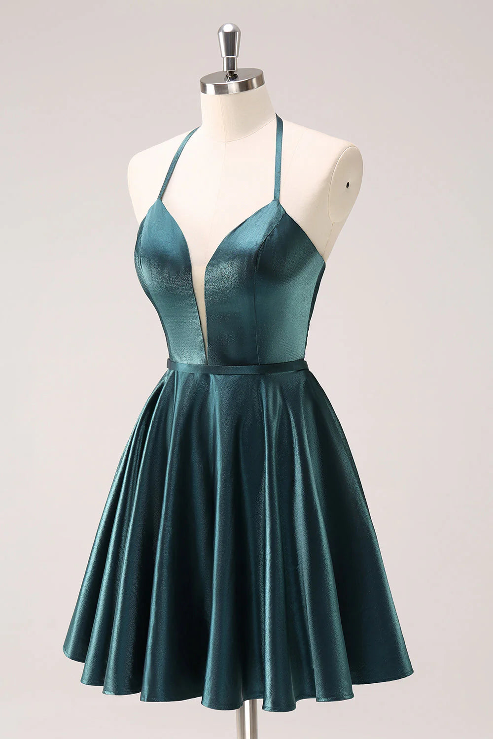 Amzcw Peacock Blue A-Line Halter Short Metallic Homecoming Dress with Lace Up Back