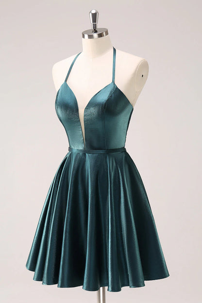 Amzcw Peacock Blue A-Line Halter Short Metallic Homecoming Dress with Lace Up Back