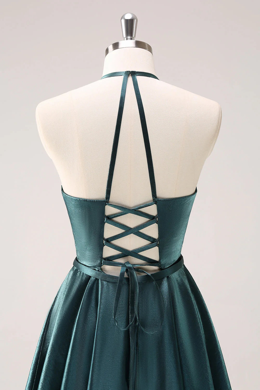 Amzcw Peacock Blue A-Line Halter Short Metallic Homecoming Dress with Lace Up Back