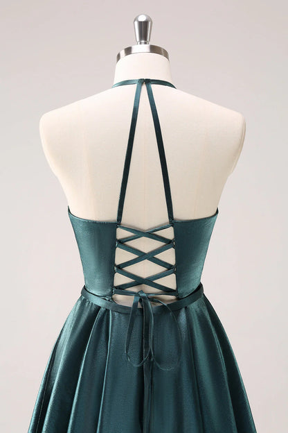 Amzcw Peacock Blue A-Line Halter Short Metallic Homecoming Dress with Lace Up Back