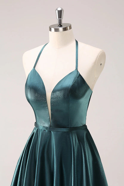 Amzcw Peacock Blue A-Line Halter Short Metallic Homecoming Dress with Lace Up Back