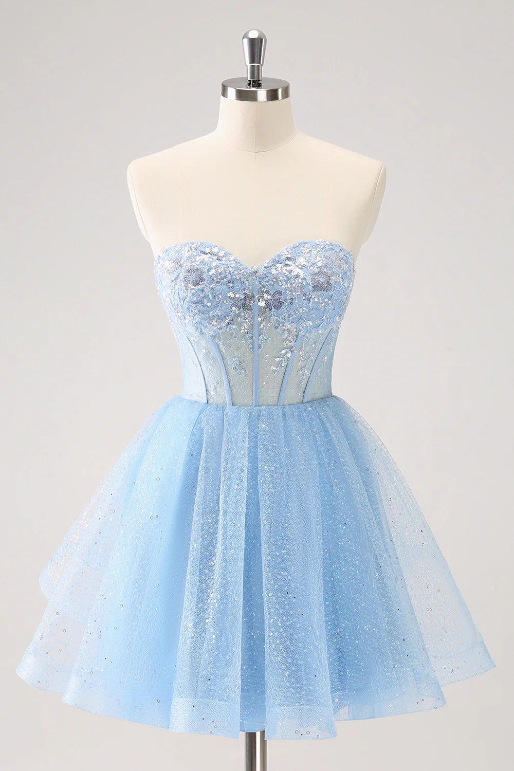 Amzcw Sparkly Sky Blue A Line Sweetheart Corset Short Homecoming Dress with Sequins