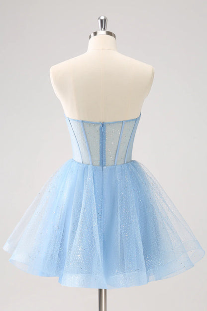 Amzcw Sparkly Sky Blue A Line Sweetheart Corset Short Homecoming Dress with Sequins