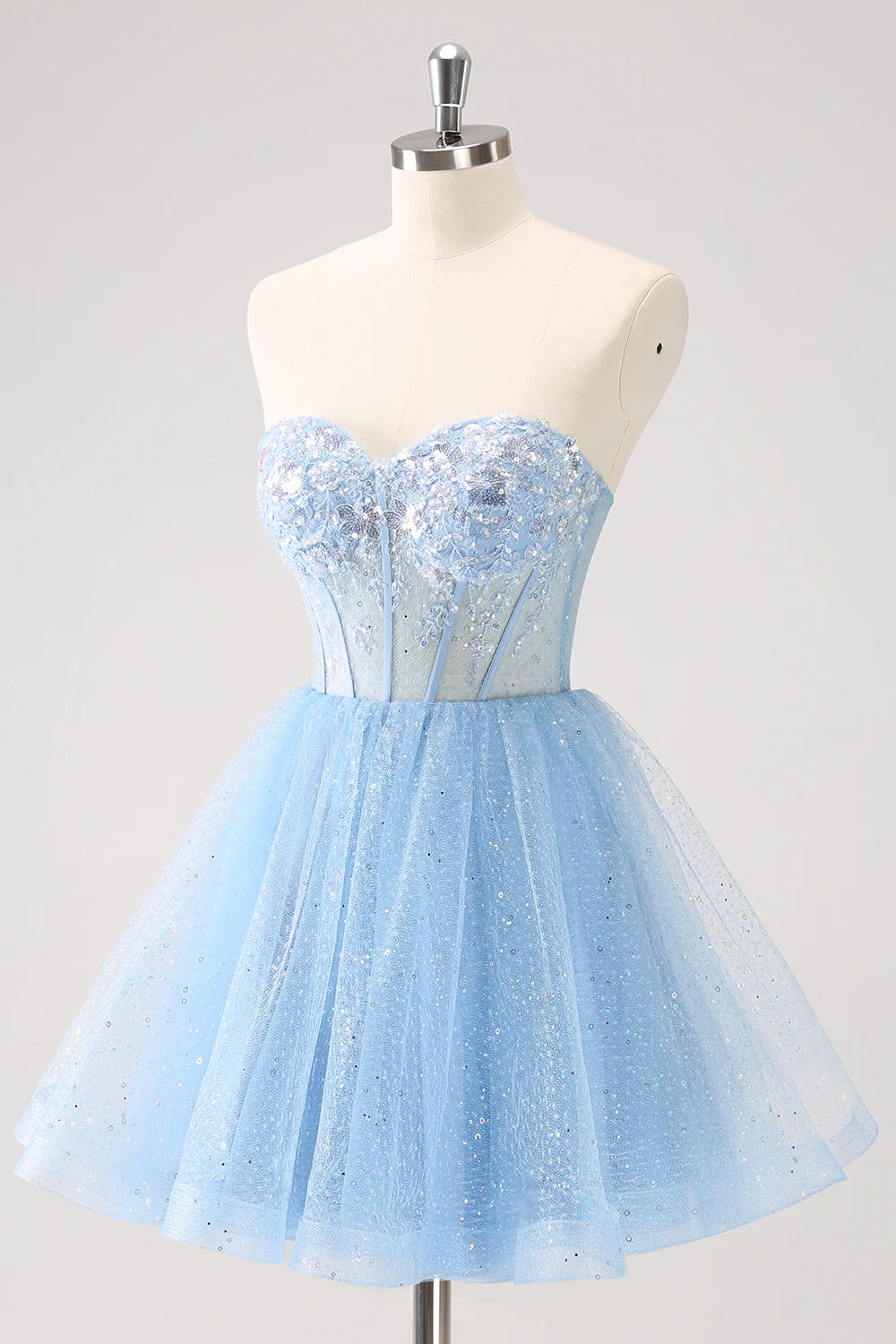 Amzcw Sparkly Sky Blue A Line Sweetheart Corset Short Homecoming Dress with Sequins