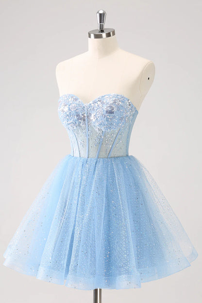 Amzcw Sparkly Sky Blue A Line Sweetheart Corset Short Homecoming Dress with Sequins
