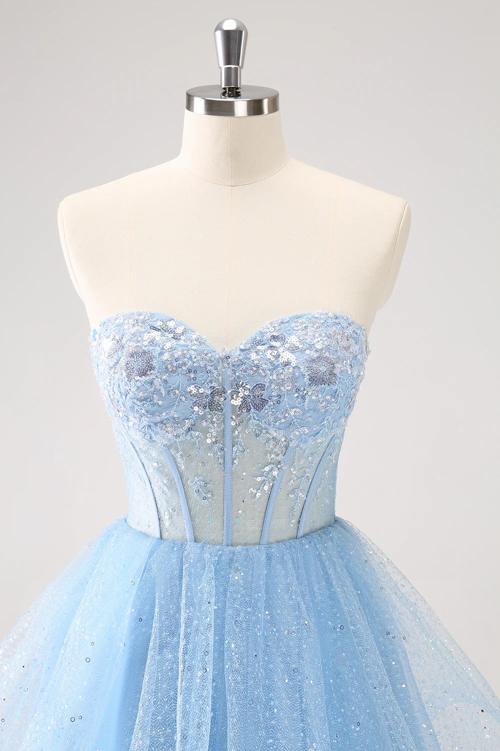 Amzcw Sparkly Sky Blue A Line Sweetheart Corset Short Homecoming Dress with Sequins