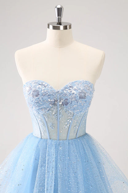 Amzcw Sparkly Sky Blue A Line Sweetheart Corset Short Homecoming Dress with Sequins