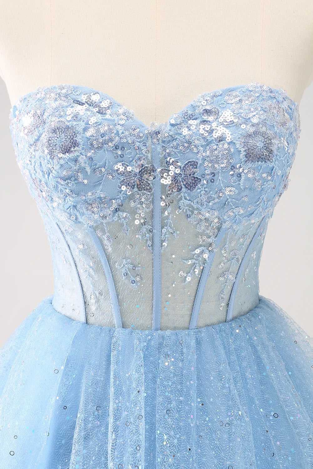 Amzcw Sparkly Sky Blue A Line Sweetheart Corset Short Homecoming Dress with Sequins
