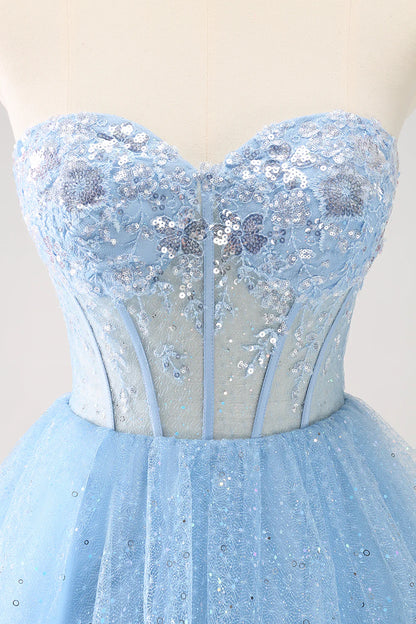 Amzcw Sparkly Sky Blue A Line Sweetheart Corset Short Homecoming Dress with Sequins