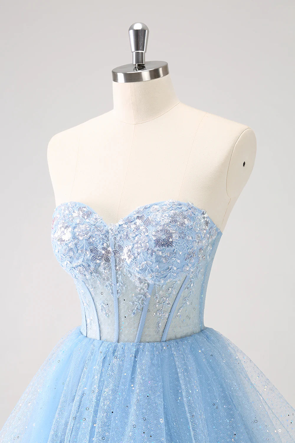 Amzcw Sparkly Sky Blue A Line Sweetheart Corset Short Homecoming Dress with Sequins