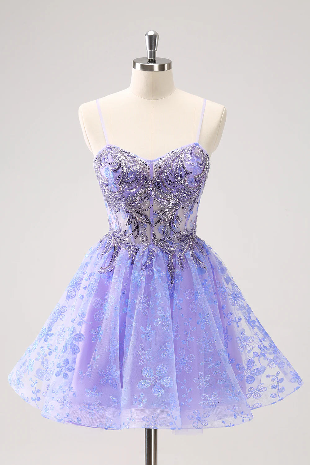 Amzcw Sparkly Lilac A Line Corset Floral Short Homecoming Dress with Sequins