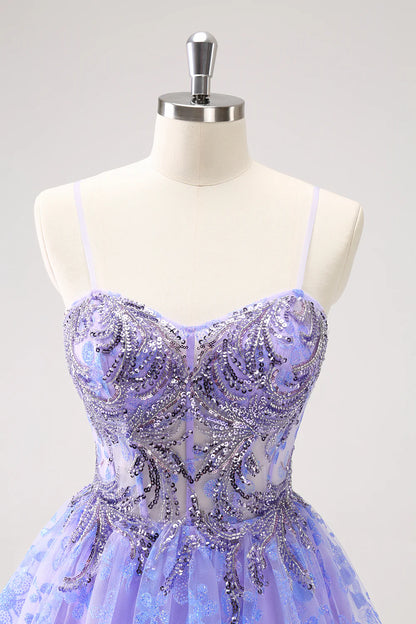 Amzcw Sparkly Lilac A Line Corset Floral Short Homecoming Dress with Sequins