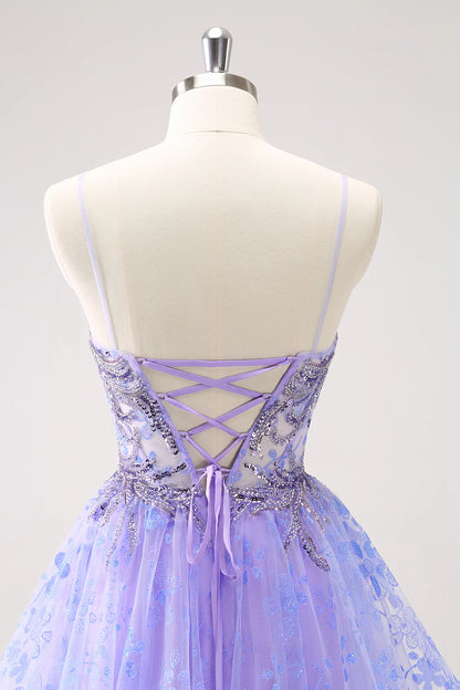 Amzcw Sparkly Lilac A Line Corset Floral Short Homecoming Dress with Sequins
